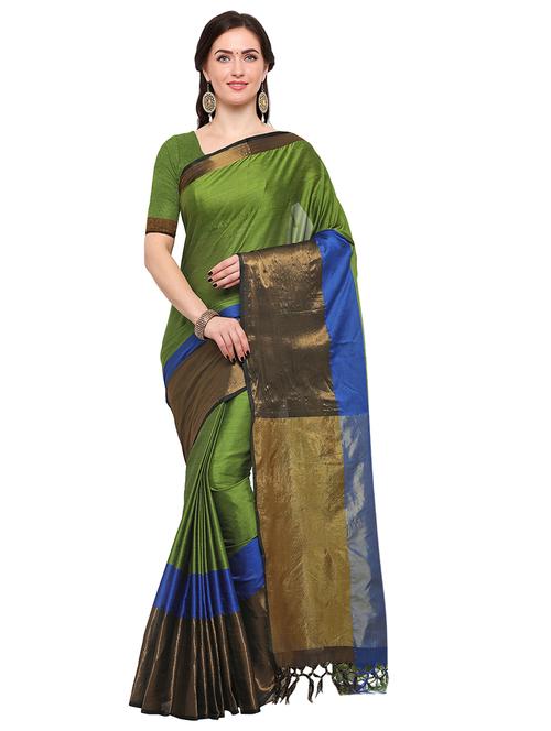 mehandi cotton silk bordered saree with blouse - 15164857 - Very Small Image - 1