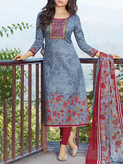 Grey cotton unstitched churidaar suit - 15168412 - Very Small Image - 1