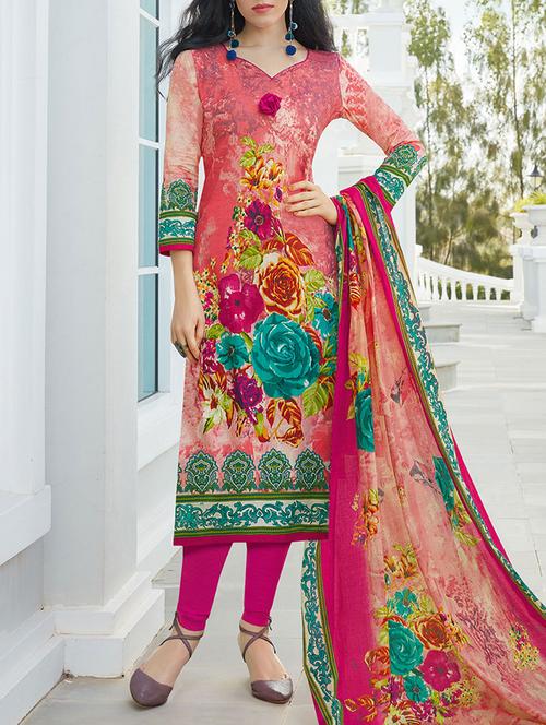 pink cotton unstitched churidaar suitv - 15168438 - Very Small Image - 1