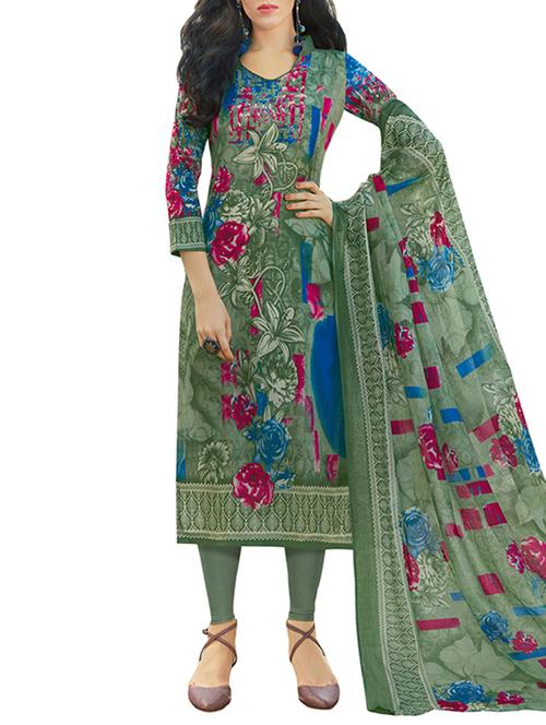 Green cotton unstitched churidaar suit - 15168439 - Very Small Image - 1