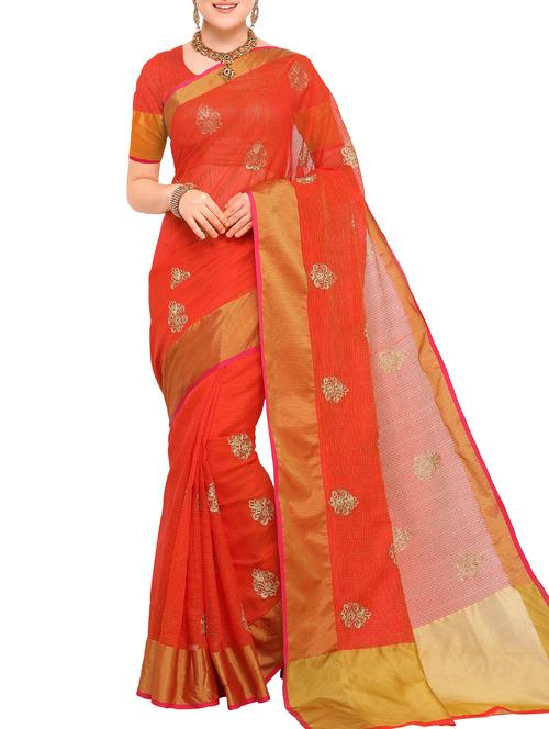 orange cotton embroidered saree with blouse - 15171089 - Very Small Image - 1