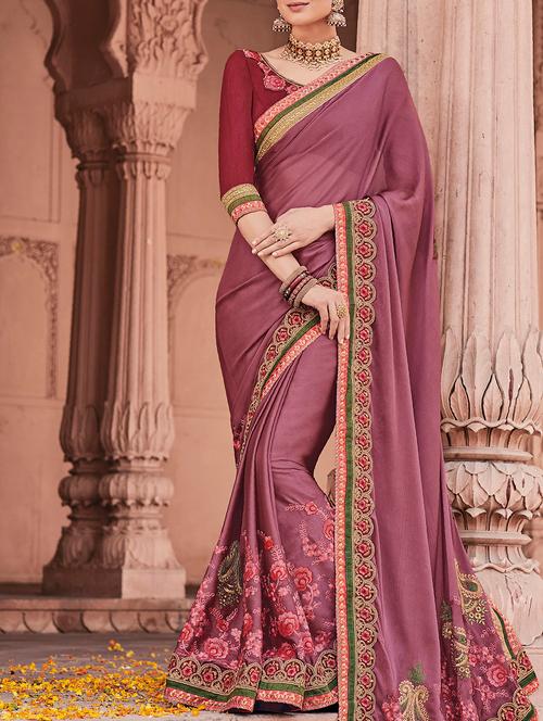 pink georgette embroidered saree with blouse - 15173200 - Very Small Image - 1
