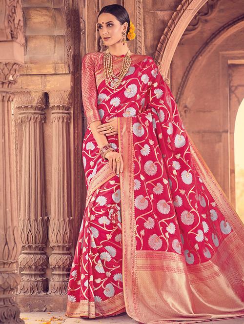 floral zari woven  saree with blouse - 15176753 - Very Small Image - 1