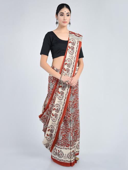 maroon cotton printed saree with blouse - 15178161 - Very Small Image - 1