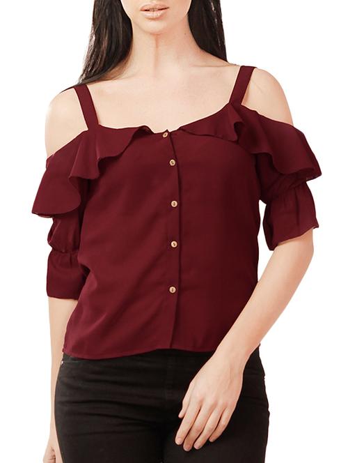 maroon solid georgette ruffle cold shoulder top - 15194244 - Very Small Image - 1