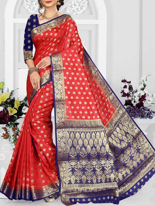 red banarasi silk saree with blouse - 15194254 - Very Small Image - 1
