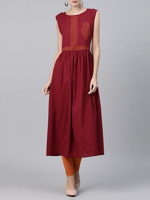 burgundy flared kurta - 15197814 - Very Small Image - 1