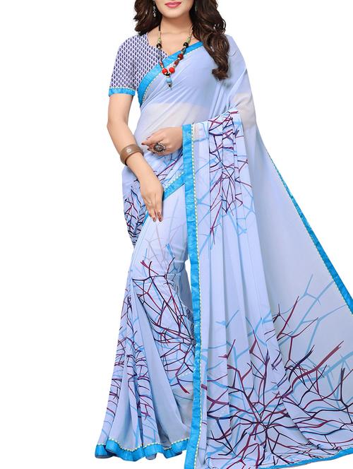 pastel blue printed saree with blouse - 15199027 - Very Small Image - 1