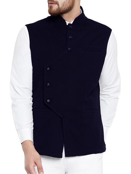 navy blue cotton nehru jacket - 15200177 - Very Small Image - 1