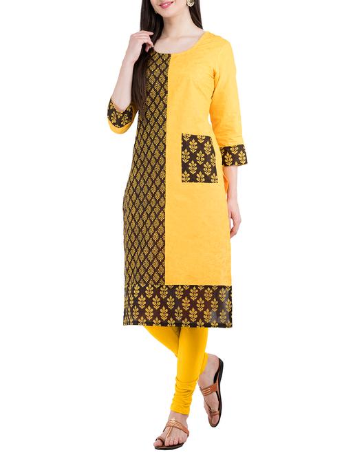 yellow cotton straight kurta - 15200799 - Very Small Image - 1