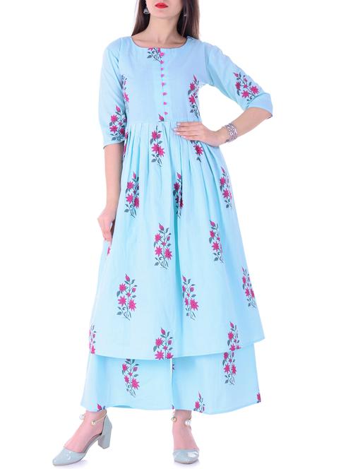 blue cotton flared kurta - 15206010 - Very Small Image - 1