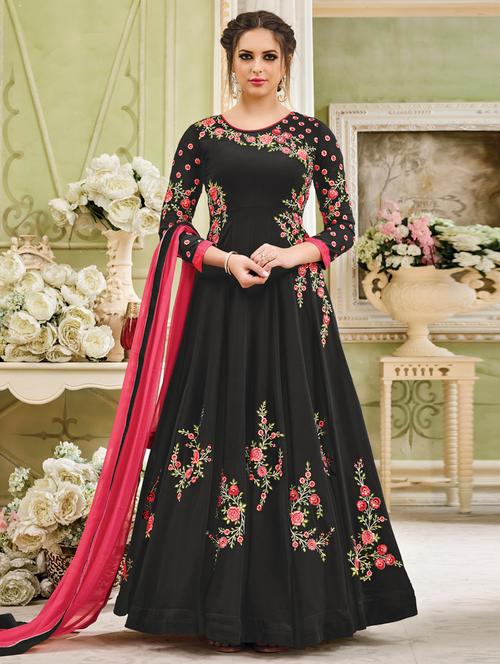 black embroidered semi-stitched anarkali suit - 15206329 - Very Small Image - 1