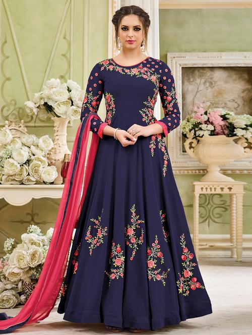 blue embroidered semi-stitched anarkali suit - 15206330 - Very Small Image - 1