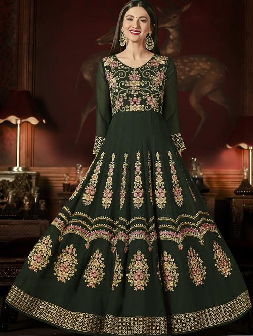 green embroidered semi-stitched anarkali suit - 15206334 - Very Small Image - 1