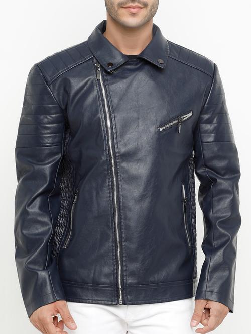 navy blue solid biker jacket - 15207394 - Very Small Image - 1