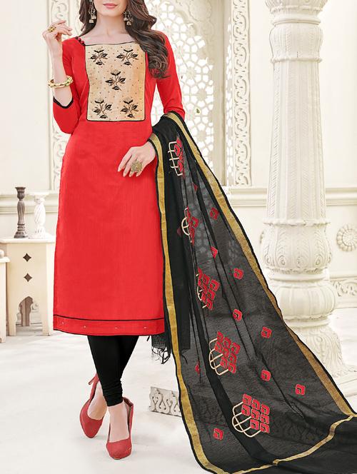 red embroidered unstitched churidaar suit - 15208098 - Very Small Image - 1