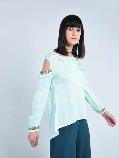 aztec lace frill detail cold shoulder top - 15208918 - Very Small Image - 1