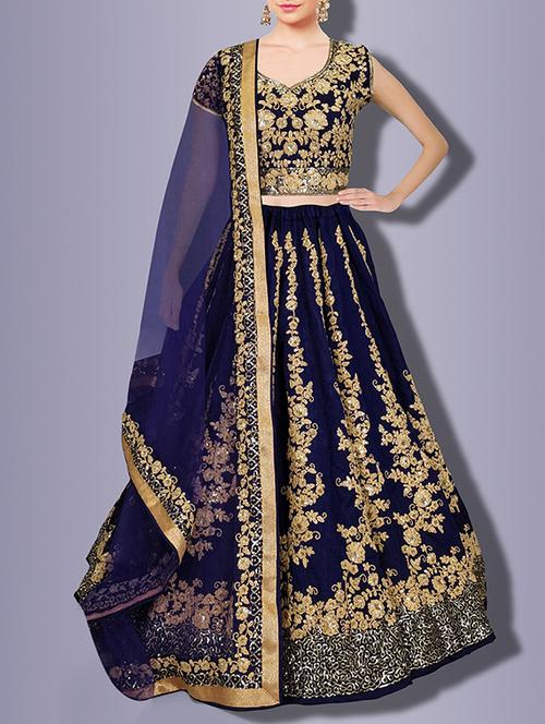 blue silk flared lehenga - 15212726 - Very Small Image - 1