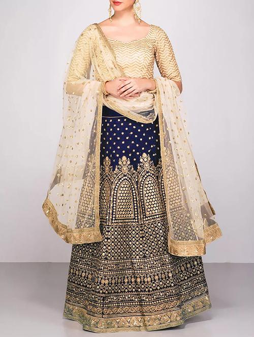 blue silk flared lehenga - 15212728 - Very Small Image - 1