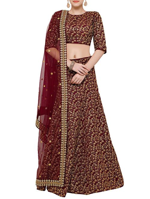 maroon silk flared lehenga - 15212745 - Very Small Image - 1