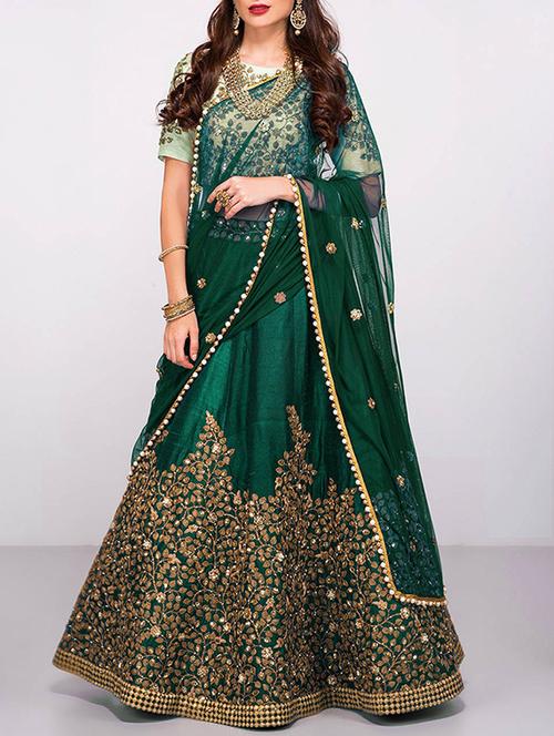 green silk flared lehenga - 15212746 - Very Small Image - 1