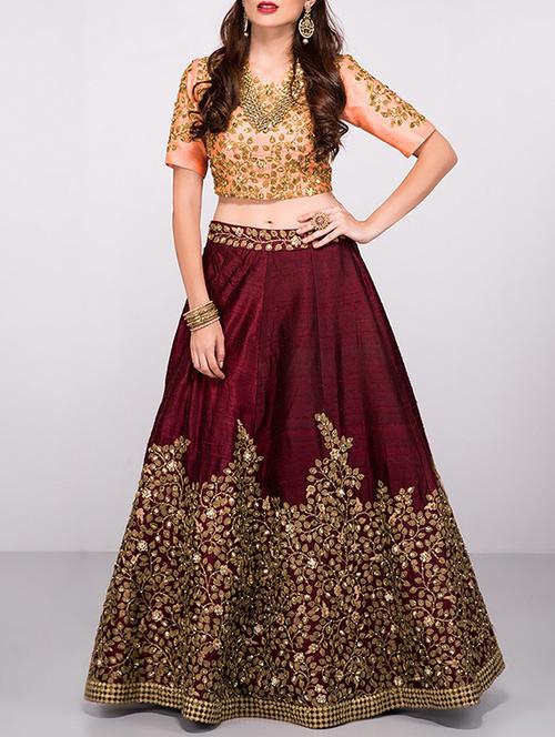 maroon silk flared lehenga - 15212747 - Very Small Image - 1