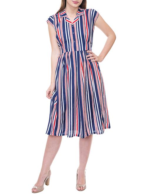 navy blue striped rayon belted dress - 15212807 - Very Small Image - 1