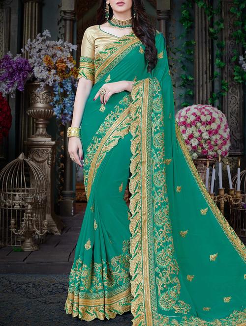 turquoise georgette embroidered saree with blouse - 15213008 - Very Small Image - 1