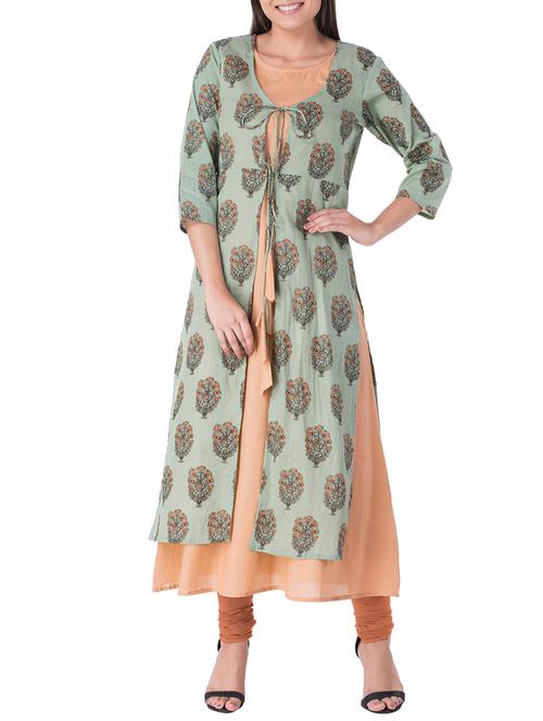green cotton layered  kurta - 15213834 - Very Small Image - 1