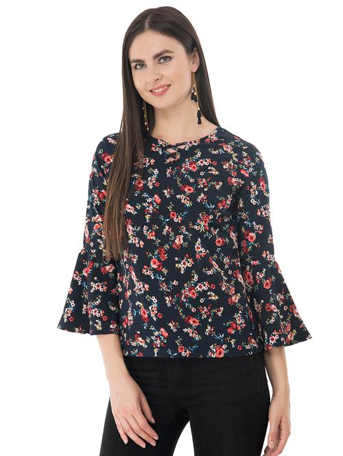 navy blue floral bell sleeved top - 15214722 - Very Small Image - 1