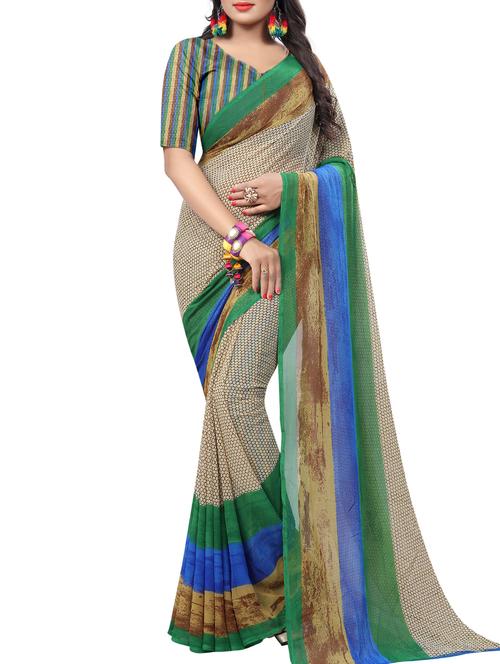 beige georgette printed saree with blouse - 15218950 - Very Small Image - 1