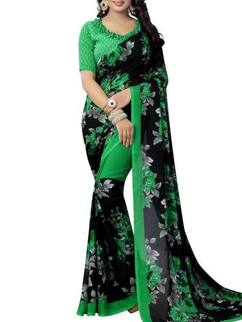 green georgette printed saree with blouse - 15218954 - Very Small Image - 1