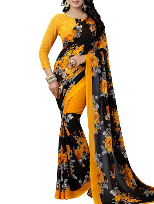 yellow georgette printed saree with blouse - 15218956 - Very Small Image - 1