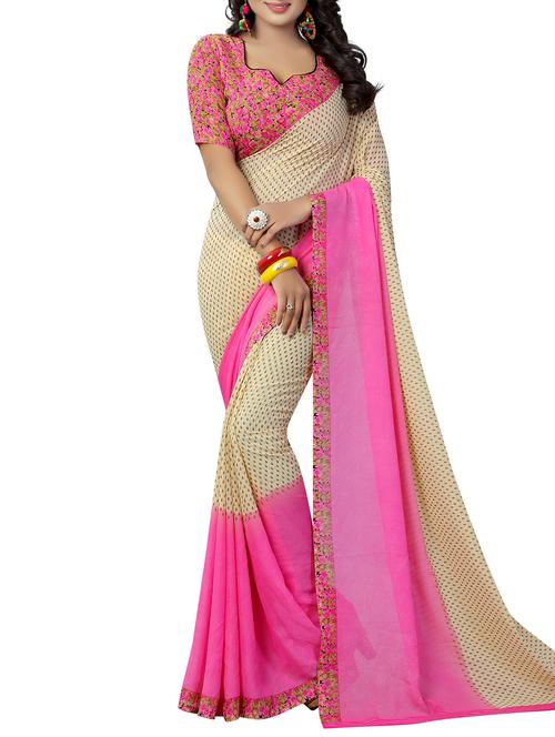 beige georgette printed saree with blouse - 15218985 - Very Small Image - 1
