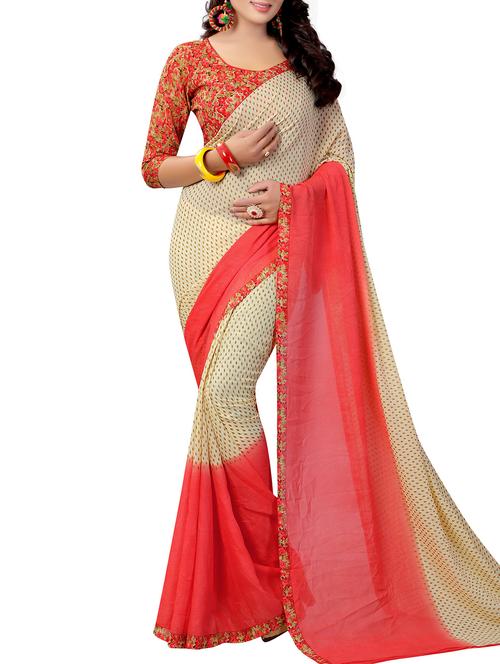 beige georgette printed saree with blouse - 15218987 - Very Small Image - 1