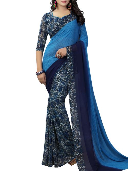 blue georgette printed saree with blouse - 15219010 - Very Small Image - 1