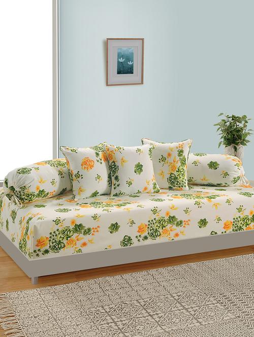 set of 6 floral pattern diwan set with bolster and cushion covers - 15219534 - Very Small Image - 1