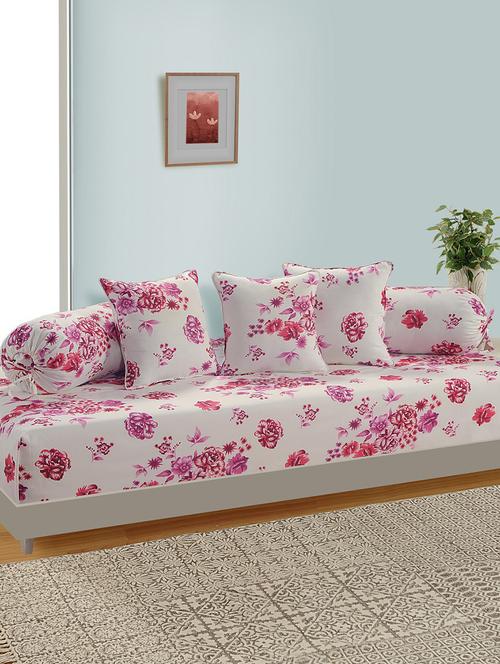 set of 6 floral pattern diwan set with bolster and cushion covers - 15219535 - Very Small Image - 1