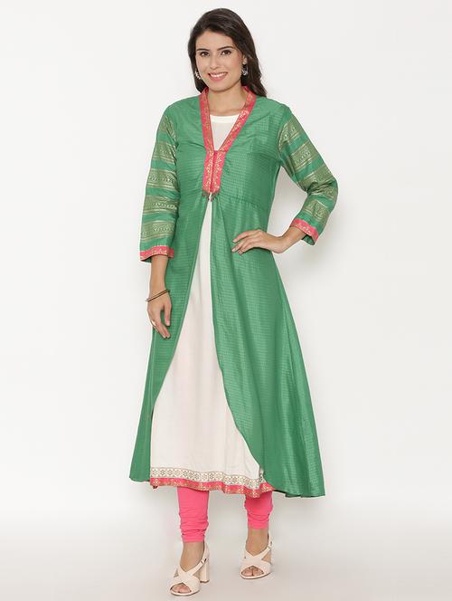 green silk layered kurta - 15220791 - Very Small Image - 1