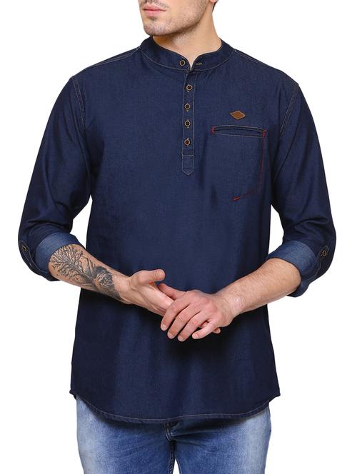 dark blue denim short  kurta - 15220943 - Very Small Image - 1