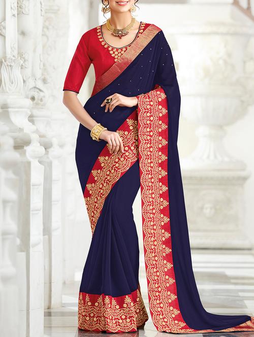blue georgette bordered saree with blouse - 15221314 - Very Small Image - 1