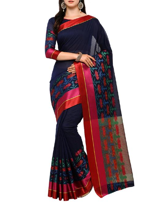 blue cotton blend bordered saree with blouse - 15225784 - Very Small Image - 1
