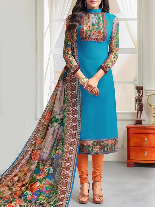 blue cotton blend unstitched churidaar suit - 15225888 - Very Small Image - 1