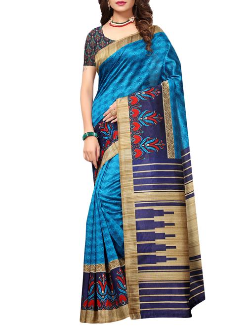 blue art silk printed saree with blouse - 15226274 - Very Small Image - 1