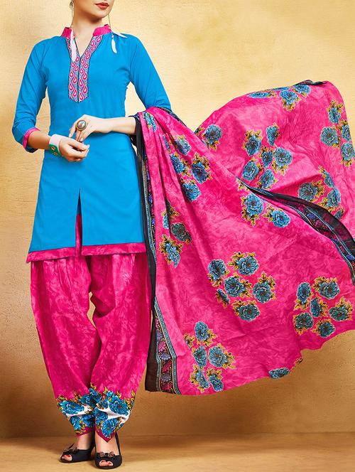Turquoise cotton unstitched patiyala suit - 15226788 - Very Small Image - 1