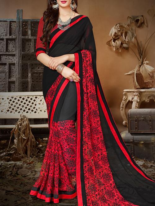 red  printed saree with blouse - 15230394 - Very Small Image - 1