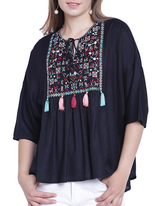 embroidered yoke tie knot neck top - 15230979 - Very Small Image - 1