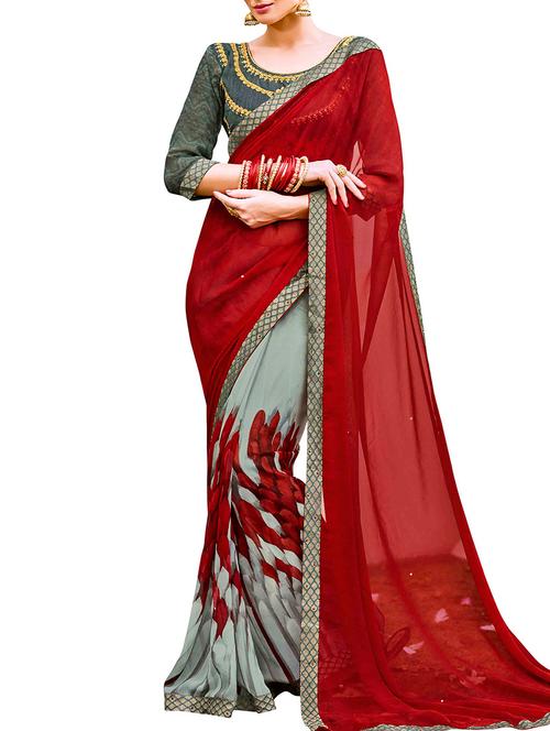 maroon georgette half & half saree with blouse - 15233917 - Very Small Image - 1
