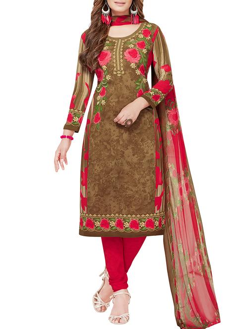 brown crepe unstitched churidaar suit - 15235028 - Very Small Image - 1