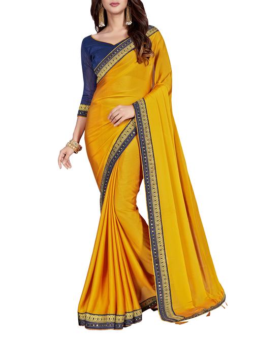 yellow silk blend bordered saree with blouse - 15235220 - Very Small Image - 1